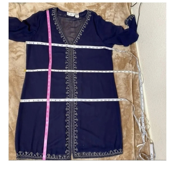 Scala Vintage Navy Sheer Silk 2 piece beaded Dress and Sheer Jacket 80’s - Picture 7 of 9